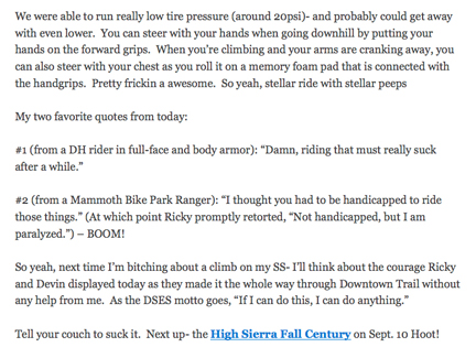 Mammoth Mountain letter about one off handcycle's manueverability