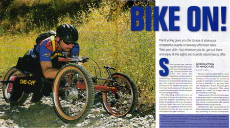 sports n spokes inside spread featuring disabled rider on mountain trail